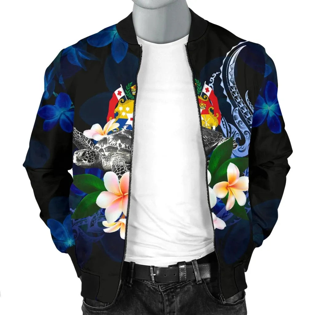 Tonga Polynesian Bomber Jacket - Turtle With Plumeria Flowers