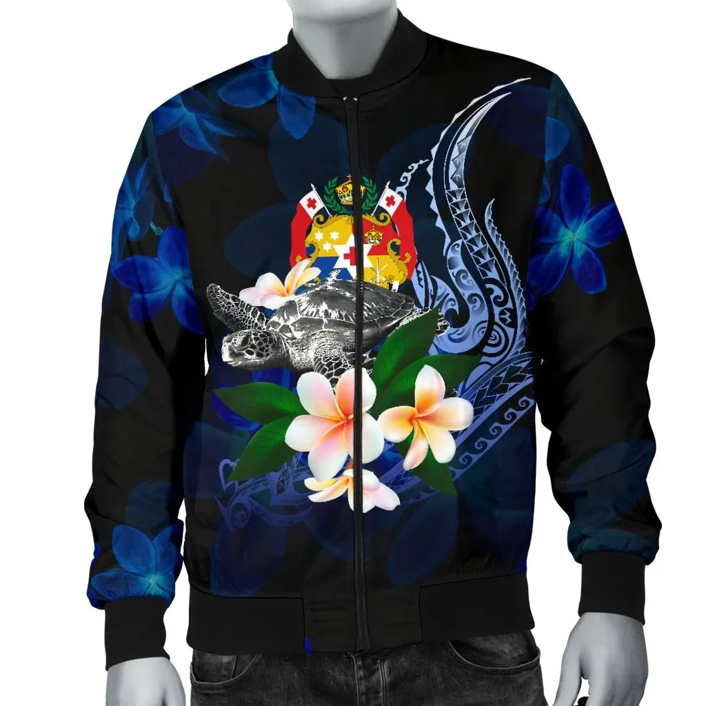 Tonga Polynesian Bomber Jacket - Turtle With Plumeria Flowers