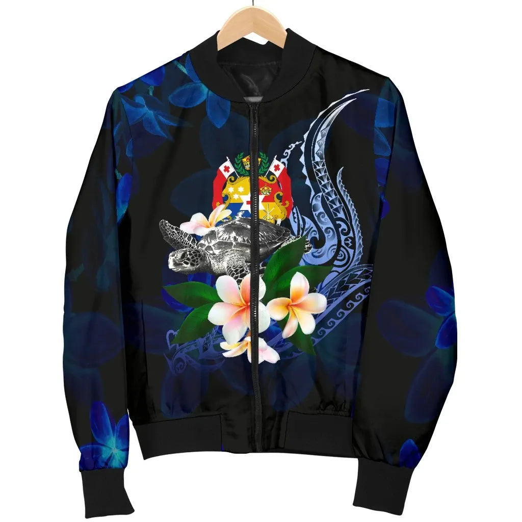 Tonga Polynesian Bomber Jacket - Turtle With Plumeria Flowers