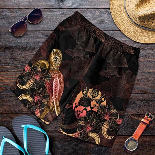 Tonga Polynesian Men Shorts - Turtle With Blooming Hibiscus Gold