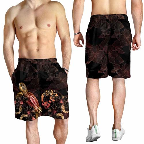 Tonga Polynesian Men Shorts - Turtle With Blooming Hibiscus Gold