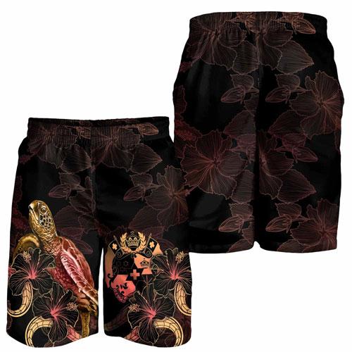 Tonga Polynesian Men Shorts - Turtle With Blooming Hibiscus Gold