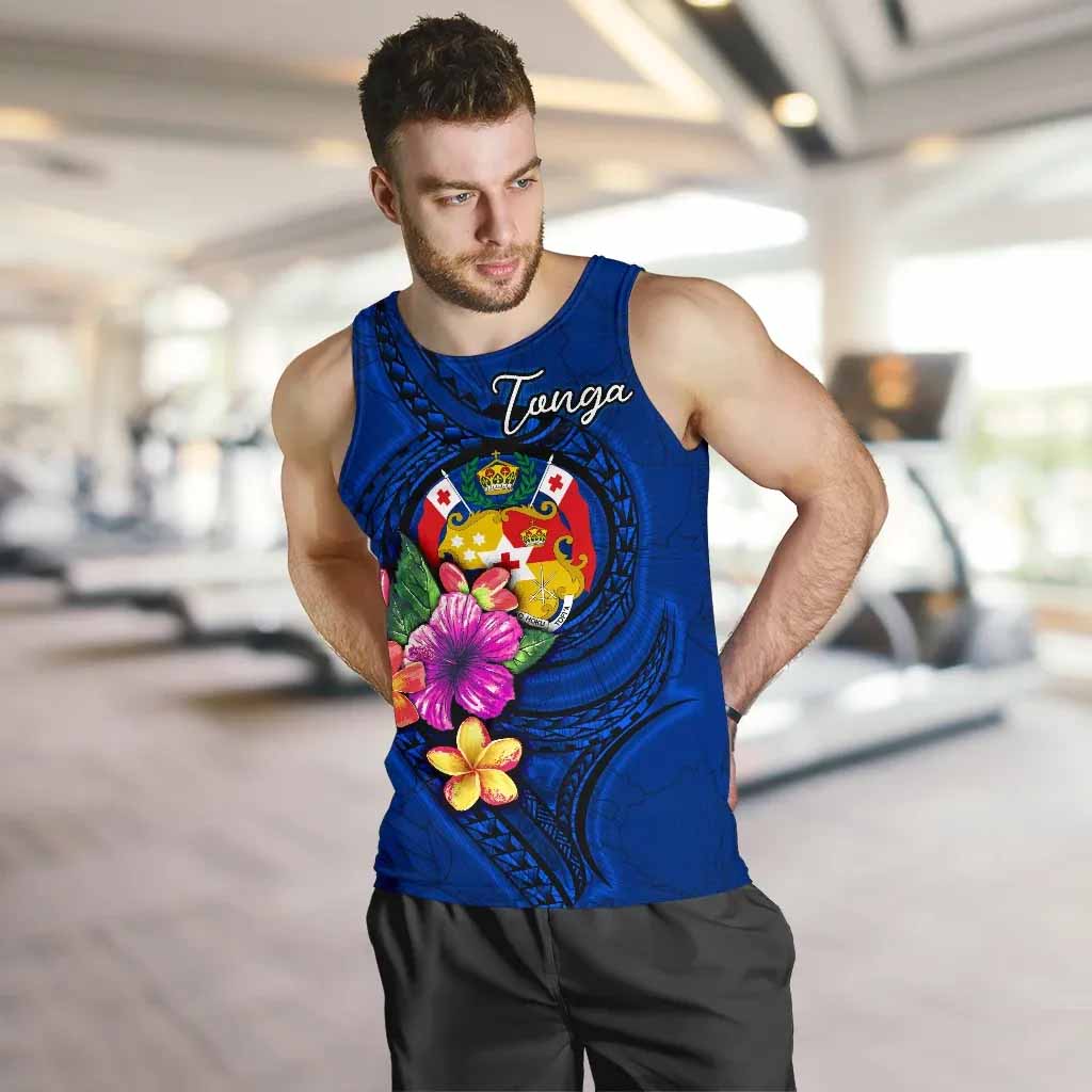 Tonga Polynesian Men Tank Top - Floral With Seal Blue