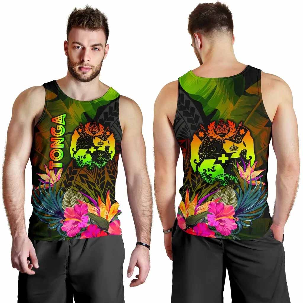 Tonga Polynesian Men Tank Top - Hibiscus and Banana Leaves