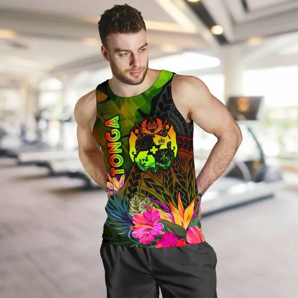Tonga Polynesian Men Tank Top - Hibiscus and Banana Leaves
