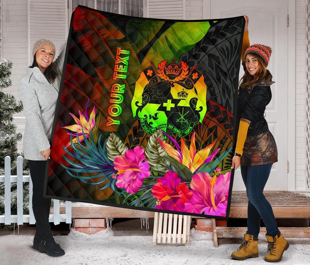 Tonga Polynesian Personalised Premium Quilt -  Hibiscus and Banana Leaves