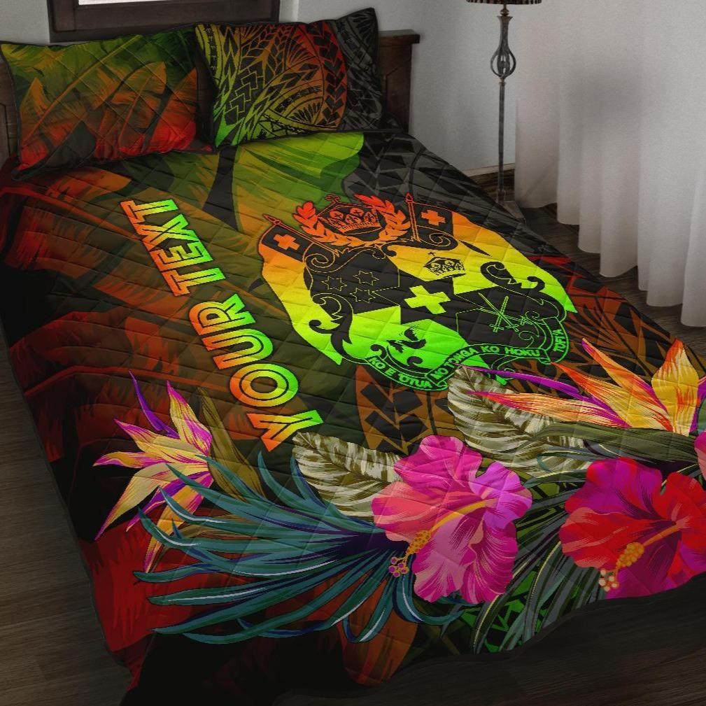 Tonga Polynesian Personalised Quilt Bed Set - Hibiscus and Banana Leaves
