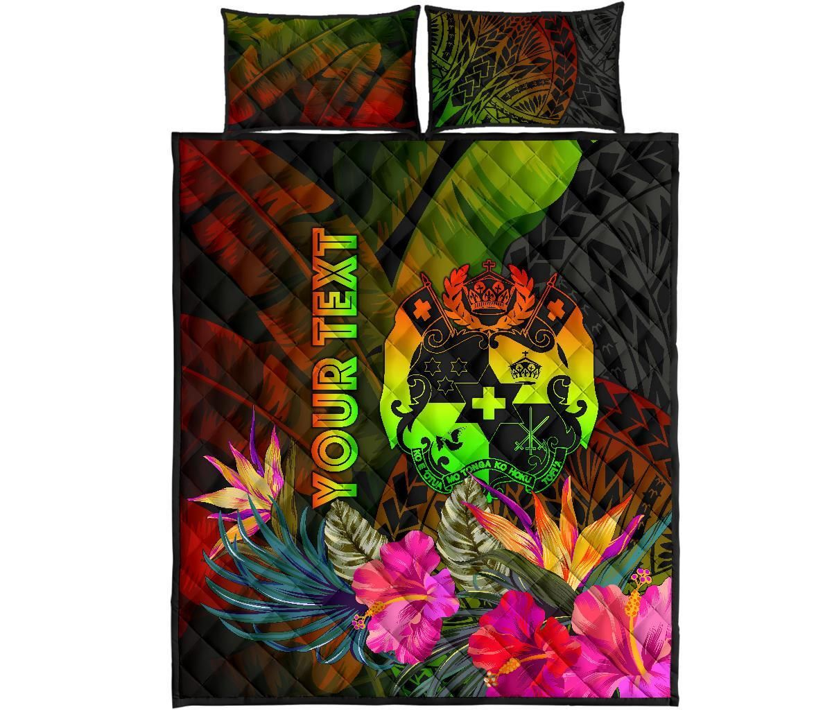 Tonga Polynesian Personalised Quilt Bed Set - Hibiscus and Banana Leaves