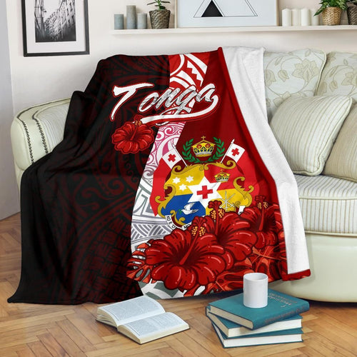 Tonga Polynesian Premium Blanket - Coat Of Arm With Hibiscus
