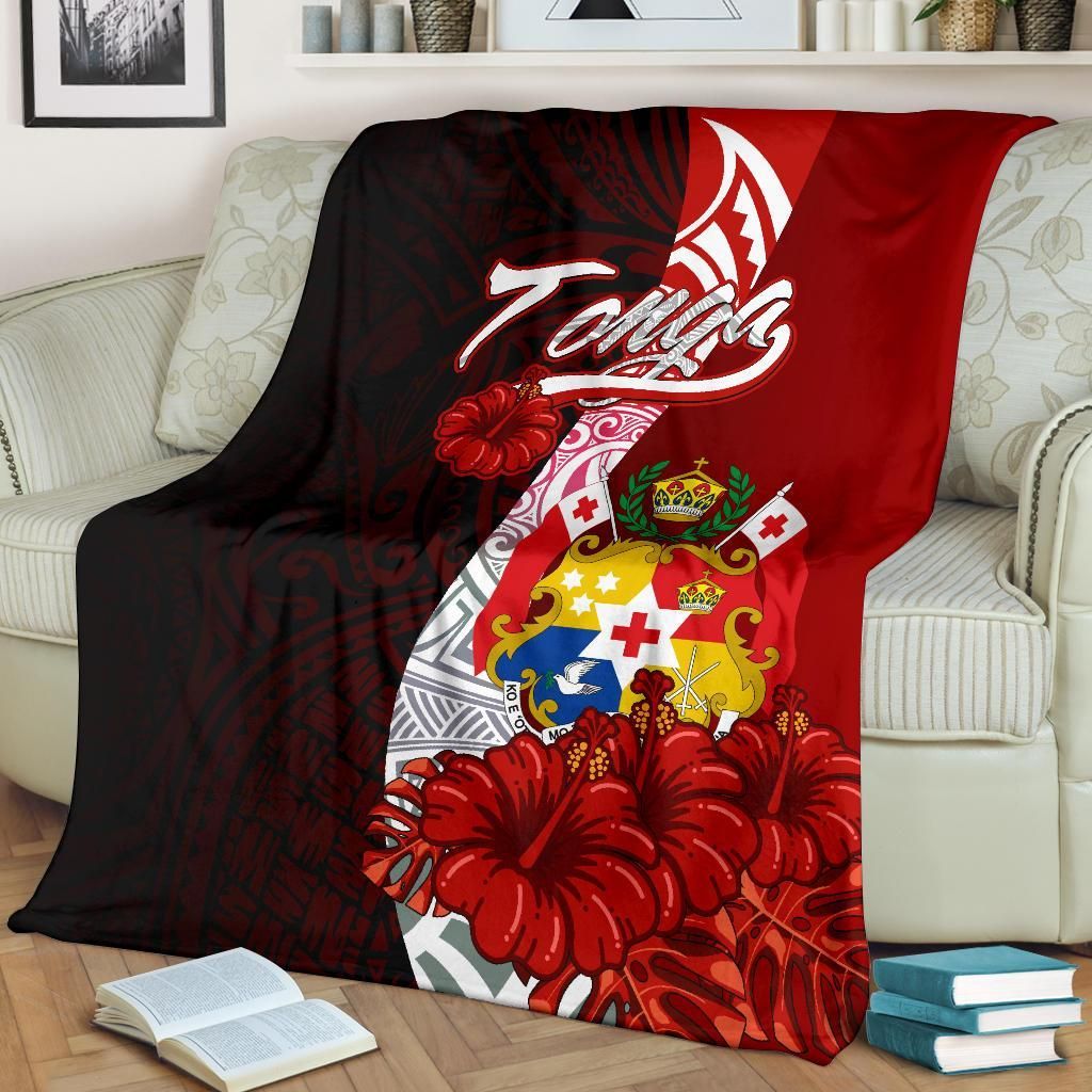 Tonga Polynesian Premium Blanket - Coat Of Arm With Hibiscus