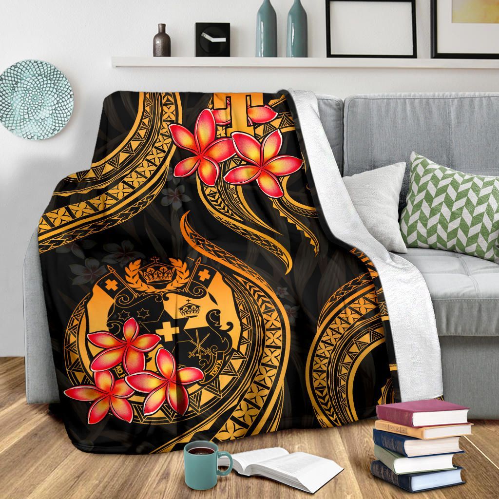 Tonga Polynesian Premium Blanket - Gold Plumeria