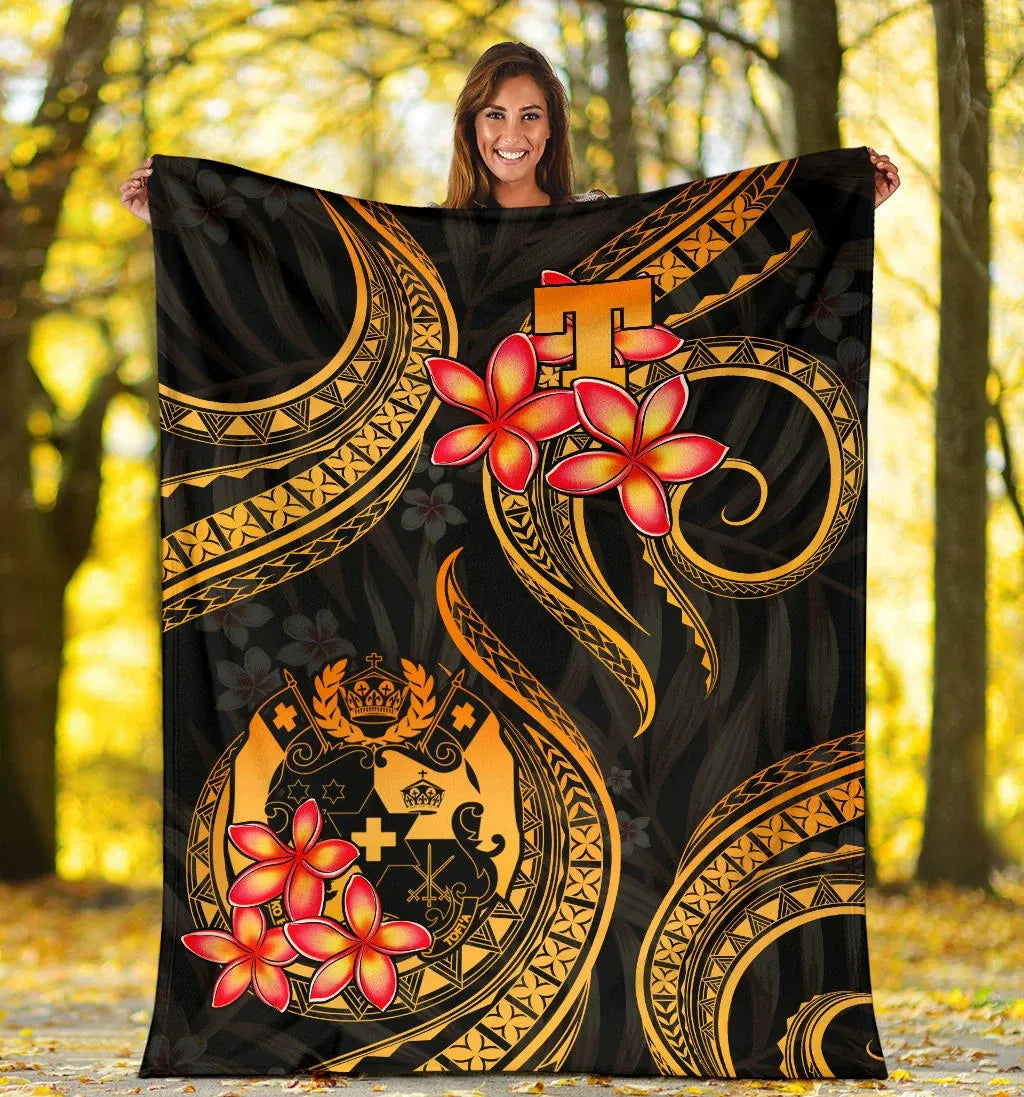 Tonga Polynesian Premium Blanket - Gold Plumeria