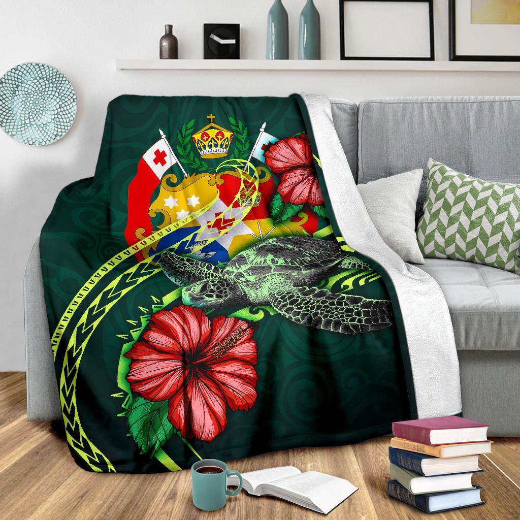 Tonga Polynesian Premium Blanket - Green Turtle Hibiscus