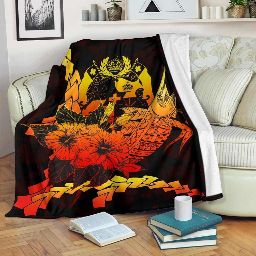 Tonga Polynesian Premium Blanket - Swordfish With Hibiscus