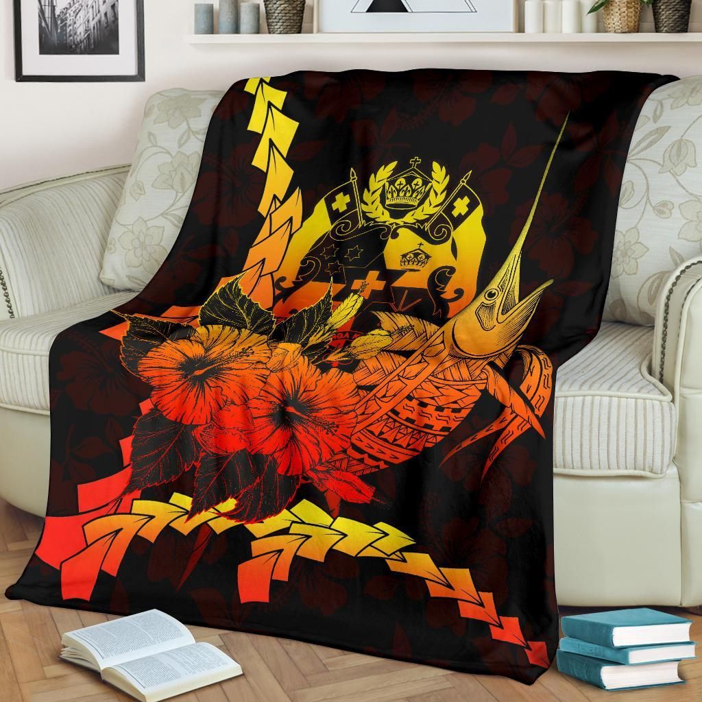 Tonga Polynesian Premium Blanket - Swordfish With Hibiscus