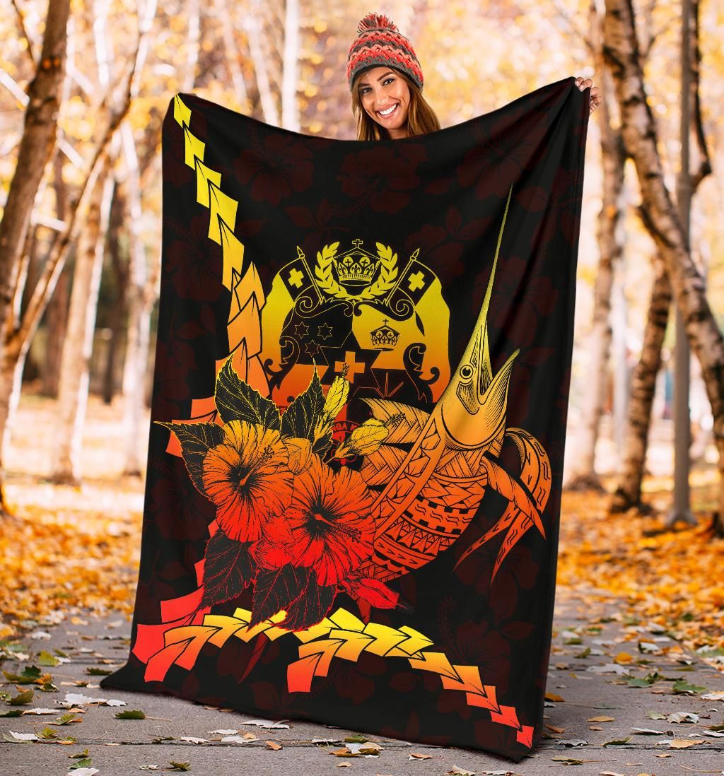 Tonga Polynesian Premium Blanket - Swordfish With Hibiscus