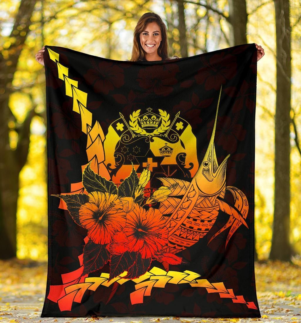 Tonga Polynesian Premium Blanket - Swordfish With Hibiscus