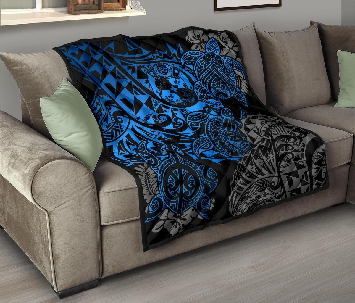 Tonga Polynesian Premium Quilt - Blue Turtle Flowing