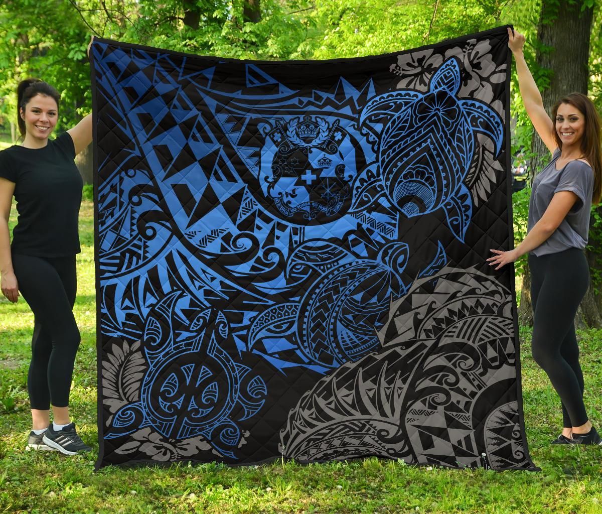 Tonga Polynesian Premium Quilt - Blue Turtle Flowing