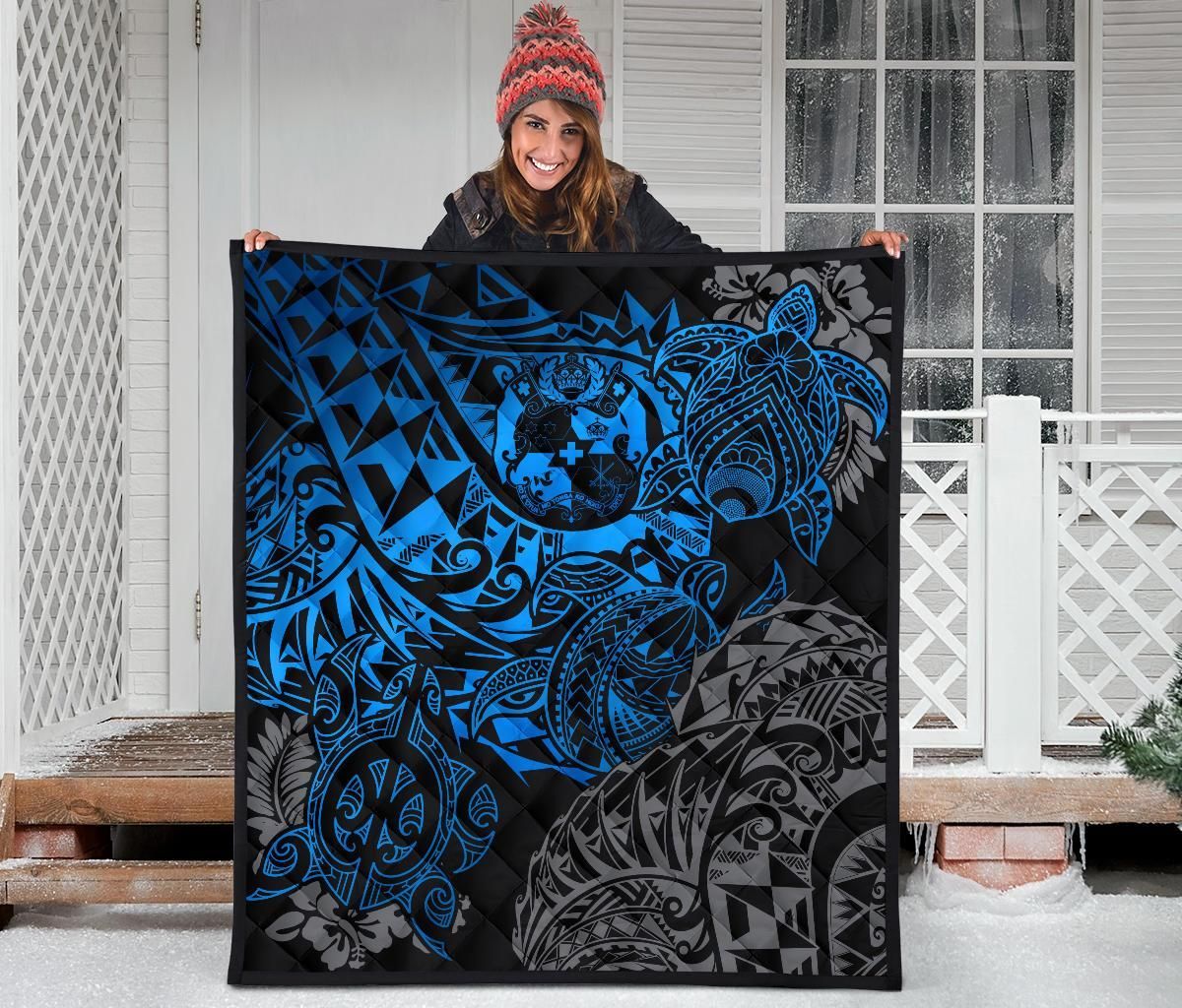 Tonga Polynesian Premium Quilt - Blue Turtle Flowing