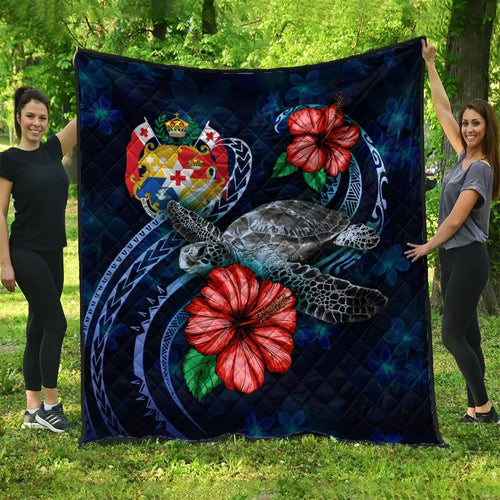 Tonga Polynesian Premium Quilt - Blue Turtle Hibiscus