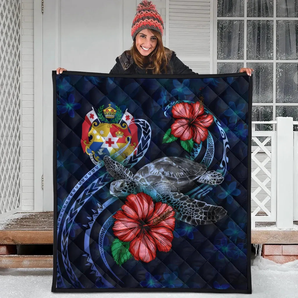 Tonga Polynesian Premium Quilt - Blue Turtle Hibiscus