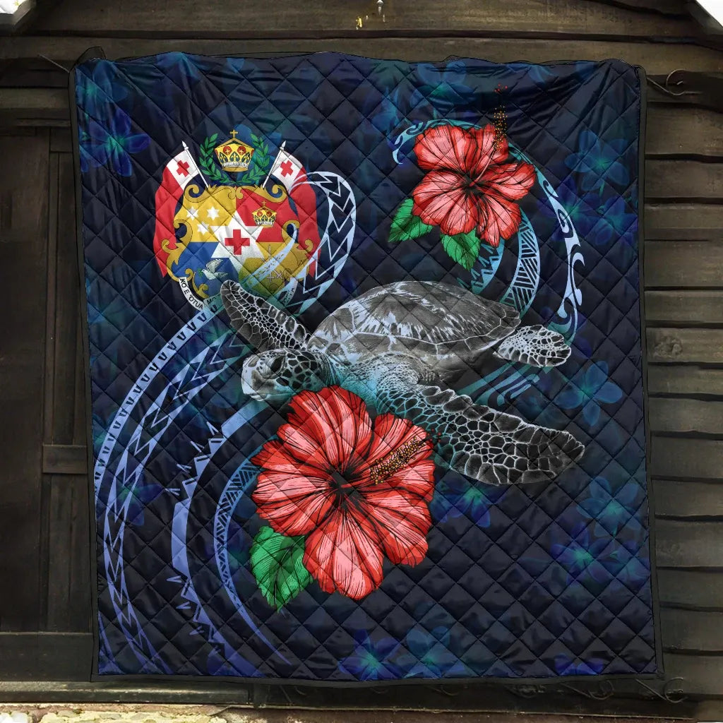 Tonga Polynesian Premium Quilt - Blue Turtle Hibiscus