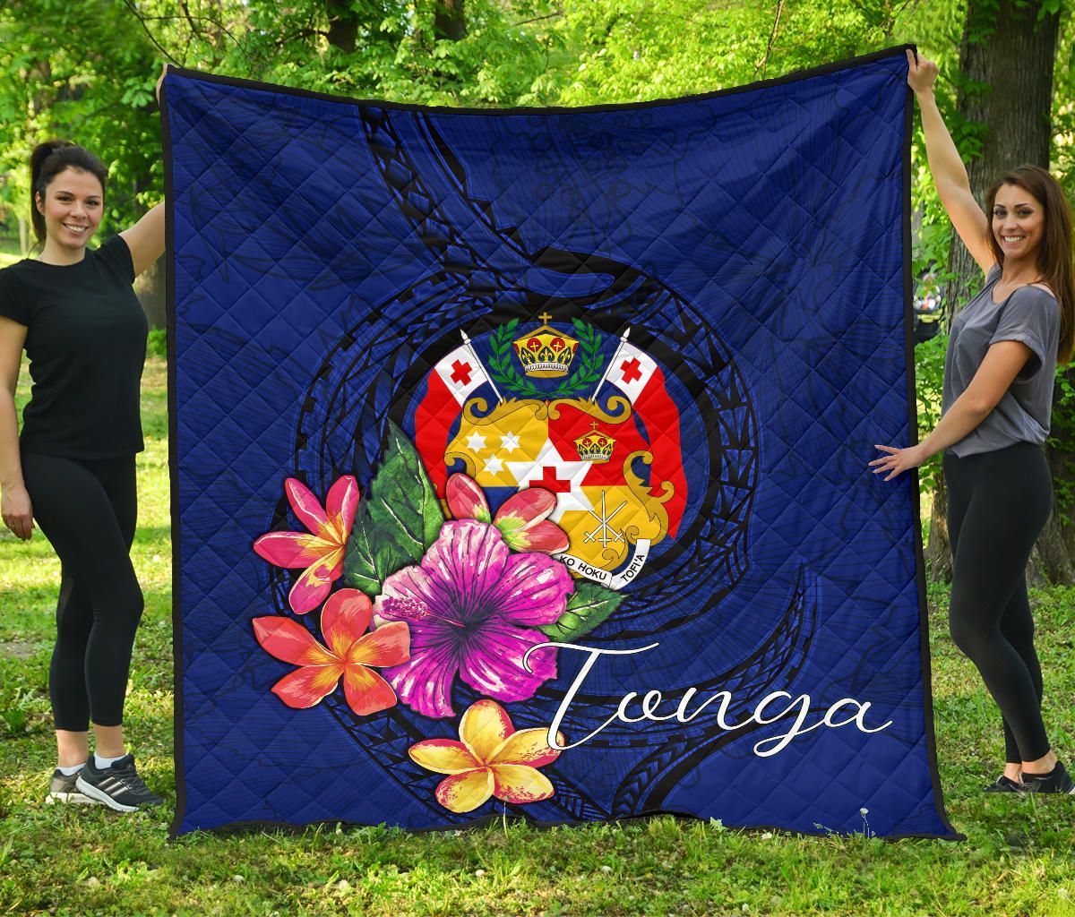 Tonga Polynesian Premium Quilt - Floral With Seal Blue