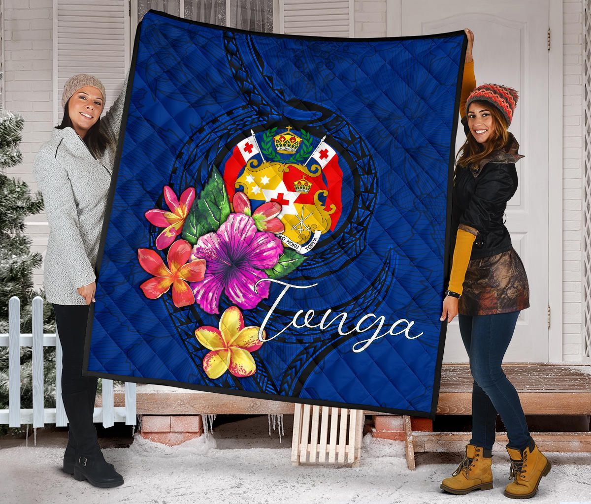 Tonga Polynesian Premium Quilt - Floral With Seal Blue
