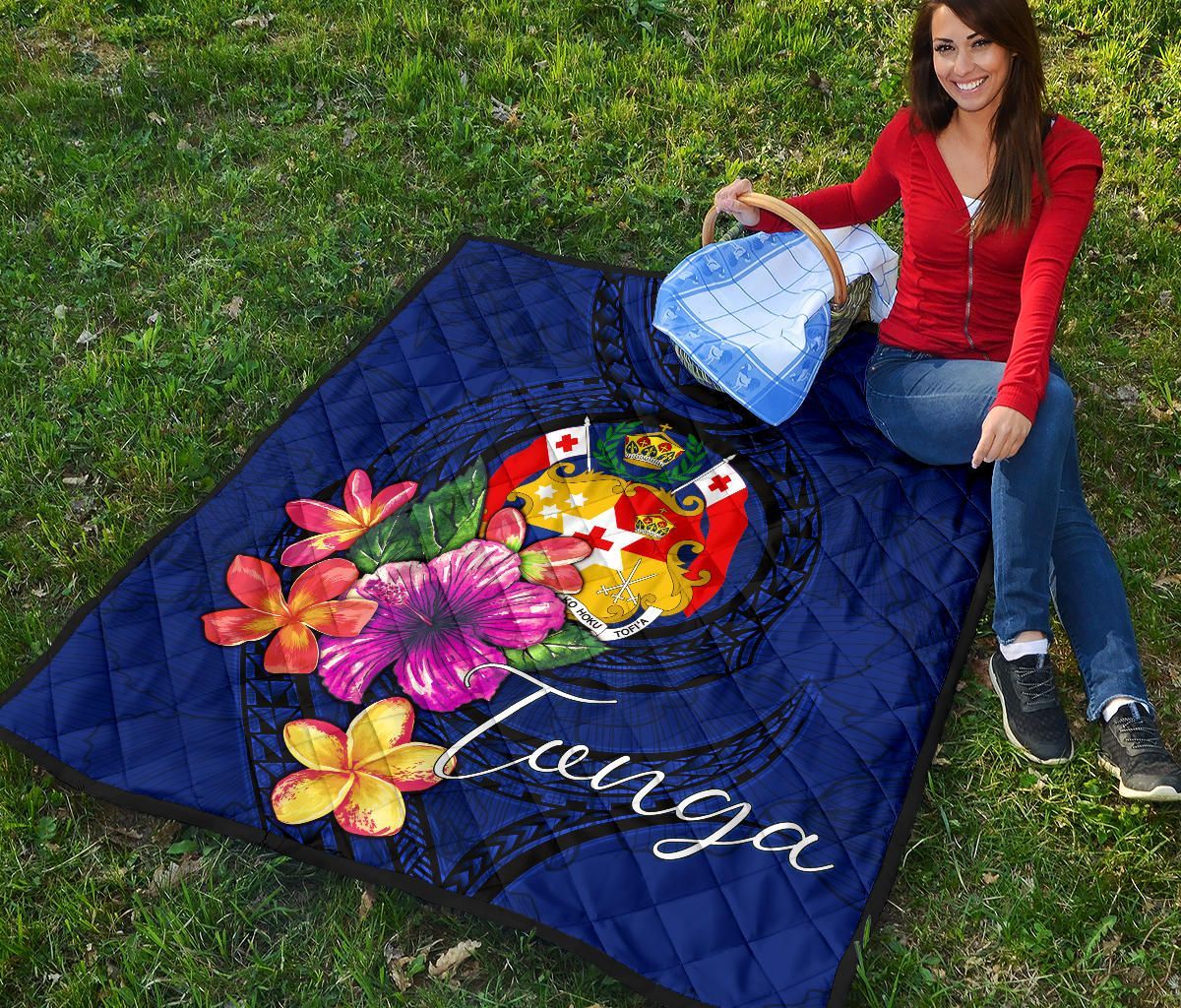 Tonga Polynesian Premium Quilt - Floral With Seal Blue
