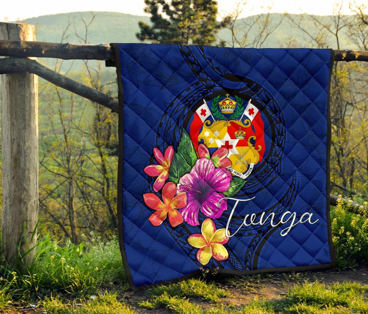 Tonga Polynesian Premium Quilt - Floral With Seal Blue