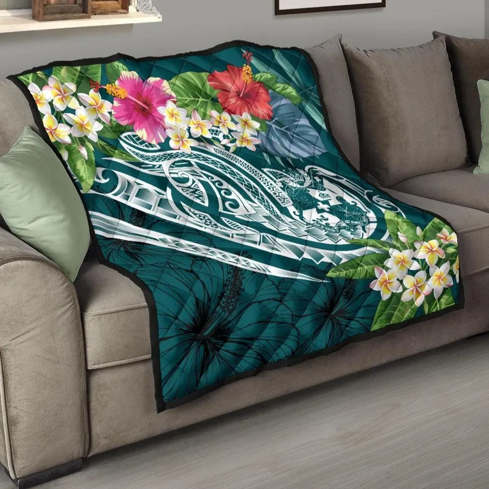 Tonga Polynesian Premium Quilt - Summer Plumeria (Turquoise)