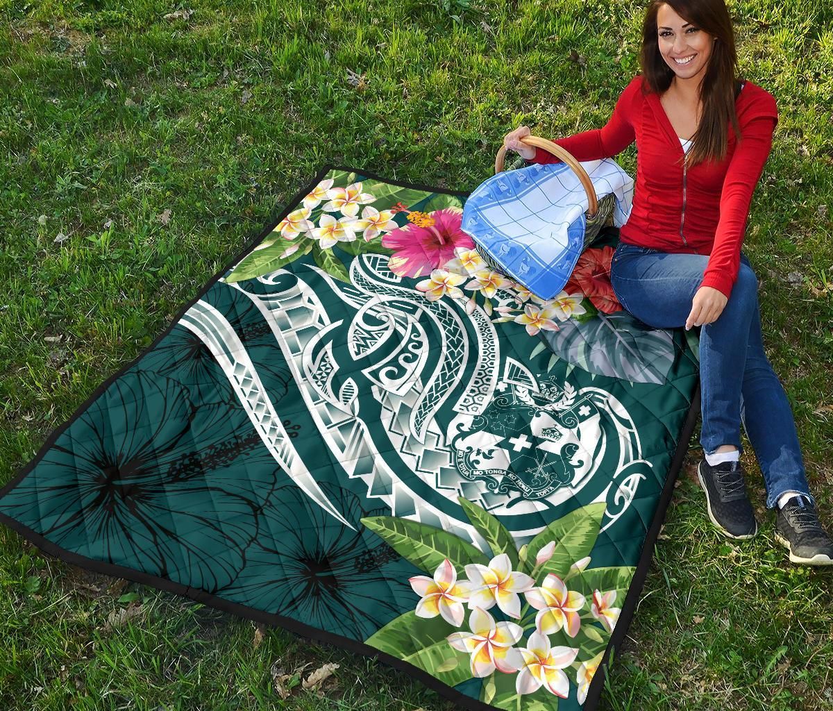 Tonga Polynesian Premium Quilt - Summer Plumeria (Turquoise)