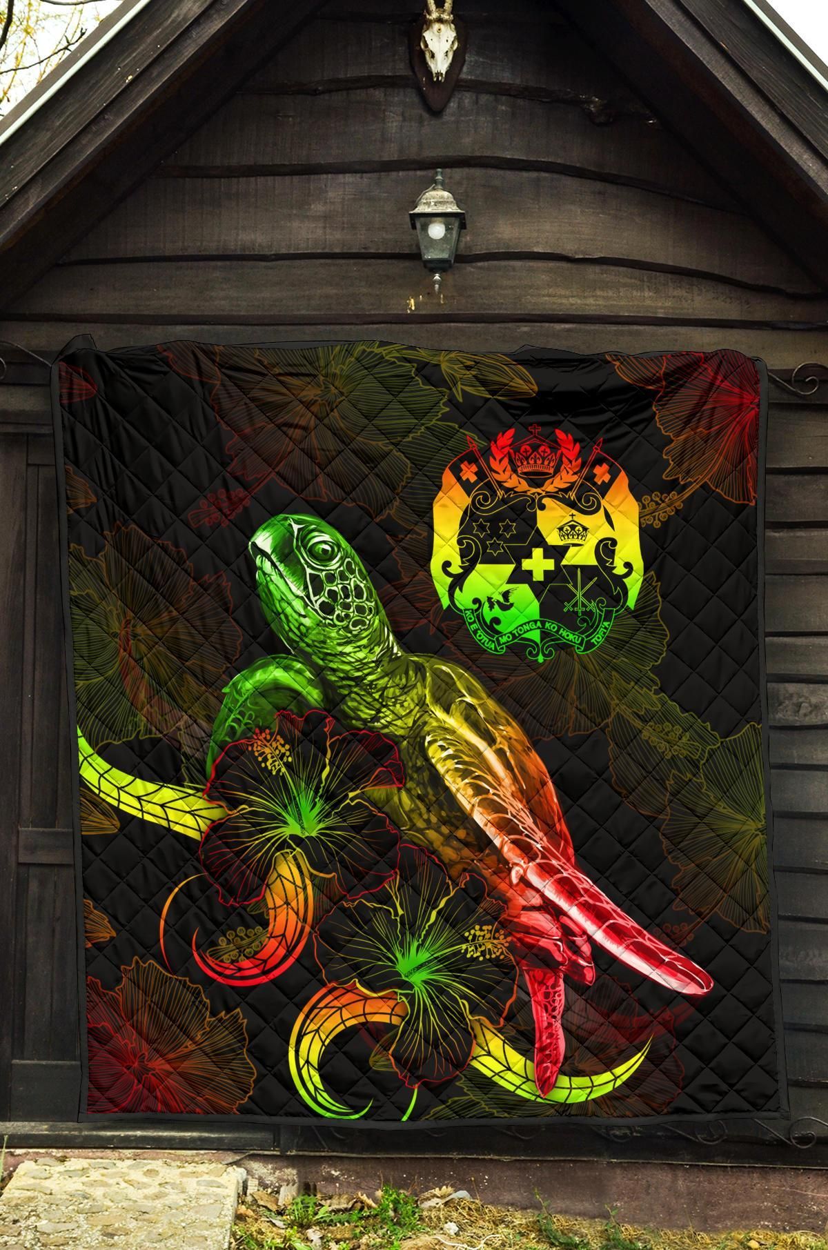 Tonga Polynesian Premium Quilt - Turtle With Blooming Hibiscus Reggae