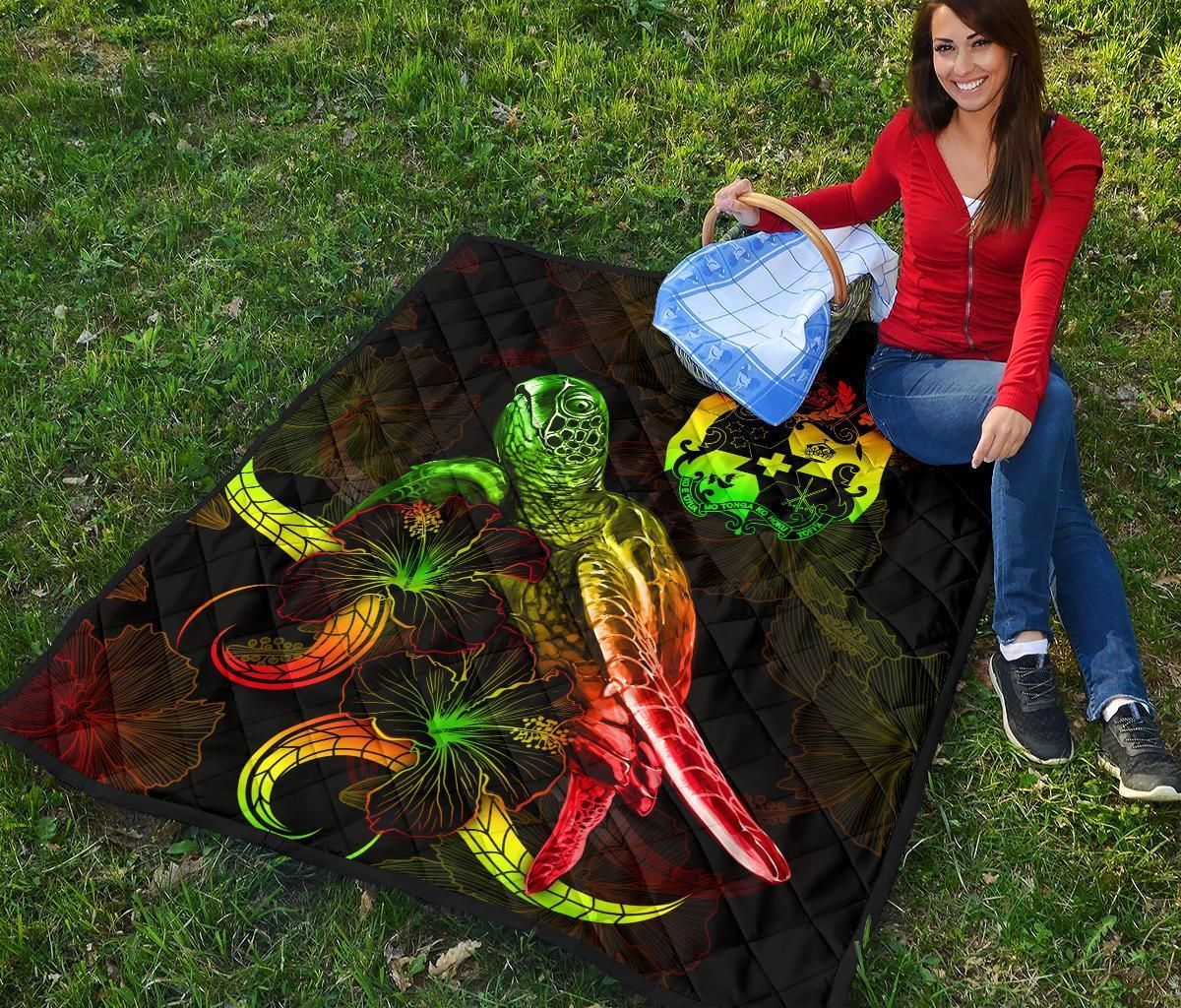 Tonga Polynesian Premium Quilt - Turtle With Blooming Hibiscus Reggae