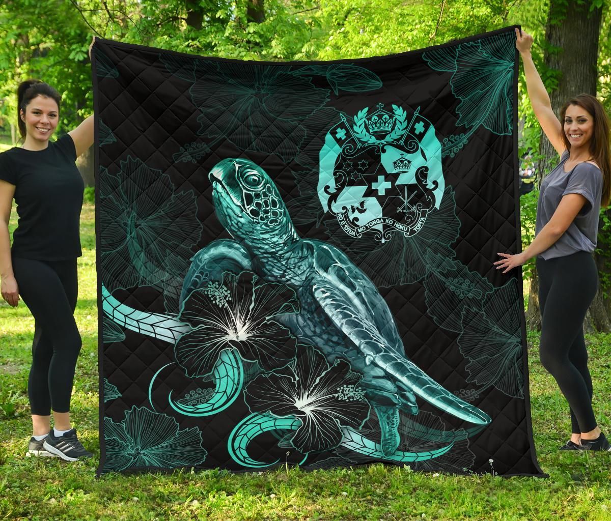 Tonga Polynesian Premium Quilt - Turtle With Blooming Hibiscus Turquoise