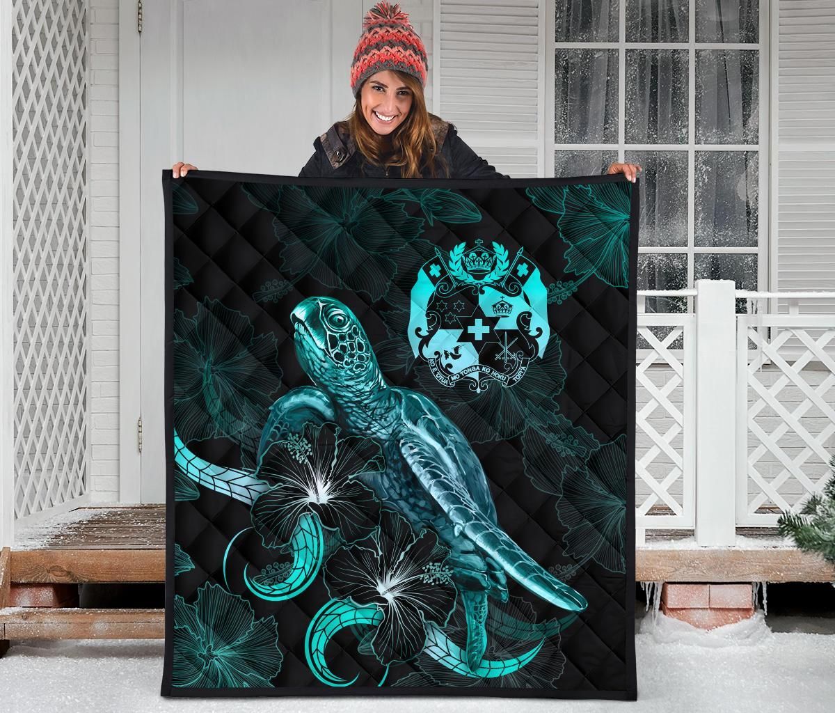 Tonga Polynesian Premium Quilt - Turtle With Blooming Hibiscus Turquoise