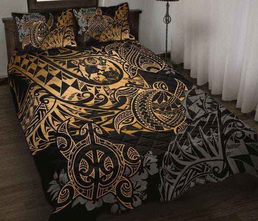 Tonga Polynesian Quilt Bed Set - Gold Turtle Flowing