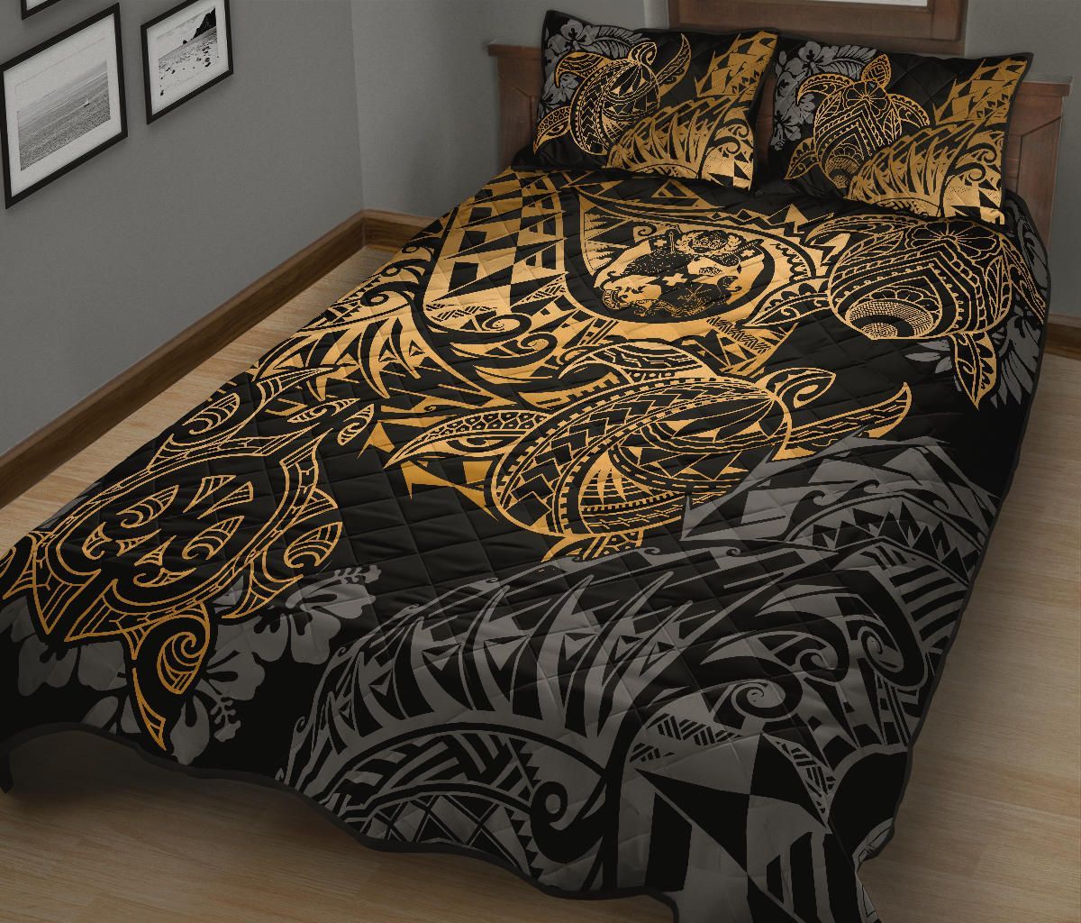 Tonga Polynesian Quilt Bed Set - Gold Turtle Flowing