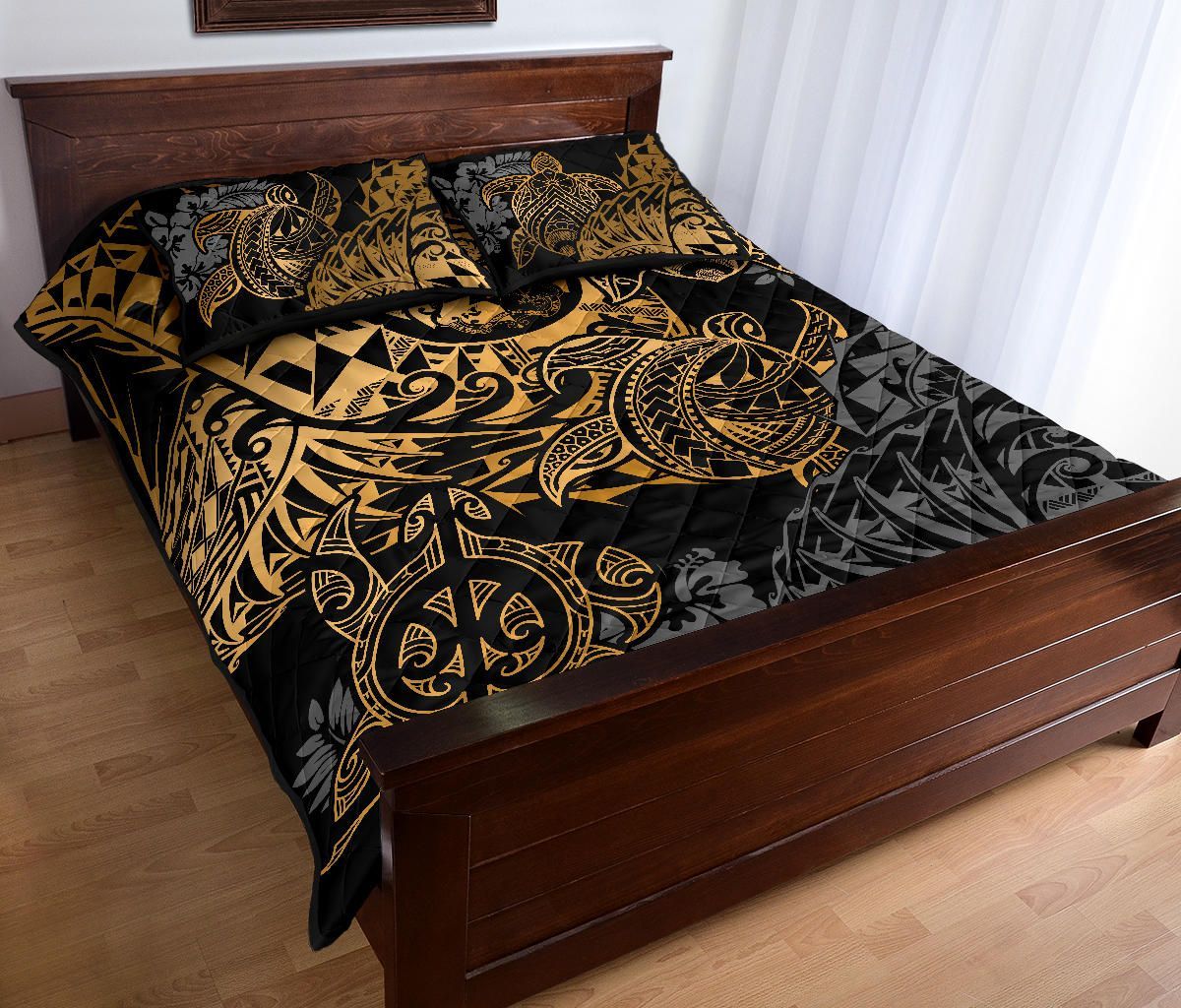 Tonga Polynesian Quilt Bed Set - Gold Turtle Flowing