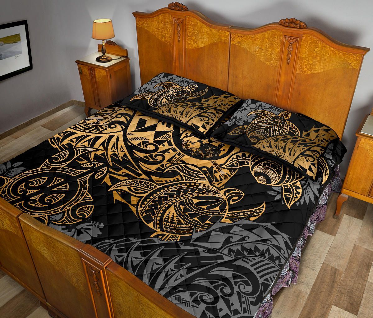 Tonga Polynesian Quilt Bed Set - Gold Turtle Flowing
