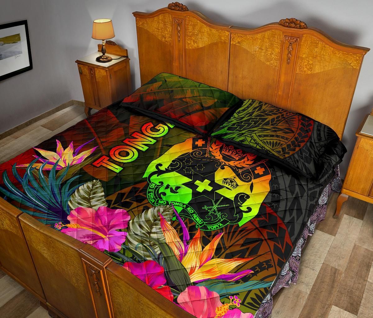 Tonga Polynesian Quilt Bed Set - Hibiscus and Banana Leaves
