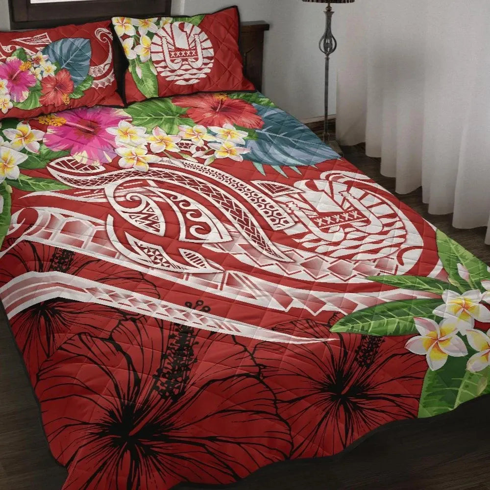 Tonga Polynesian Quilt Bed Set - Summer Plumeria (Red)