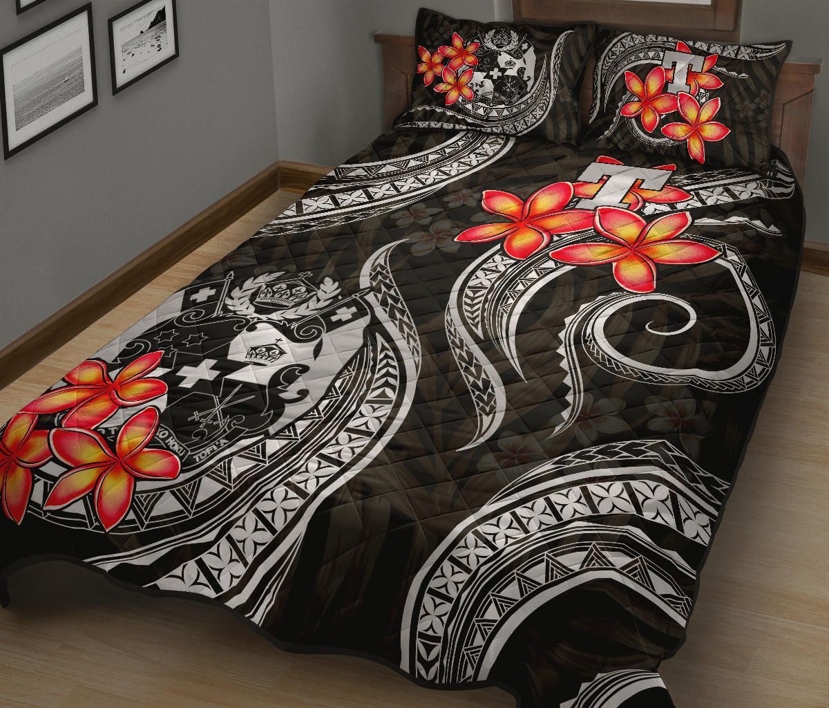 Tonga Polynesian Quilt Bed Set - White Plumeria