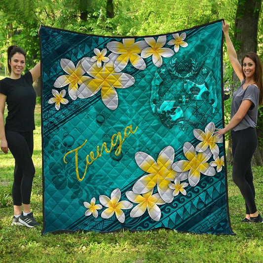 Tonga Polynesian Quilt - Plumeria With Blue Ocean