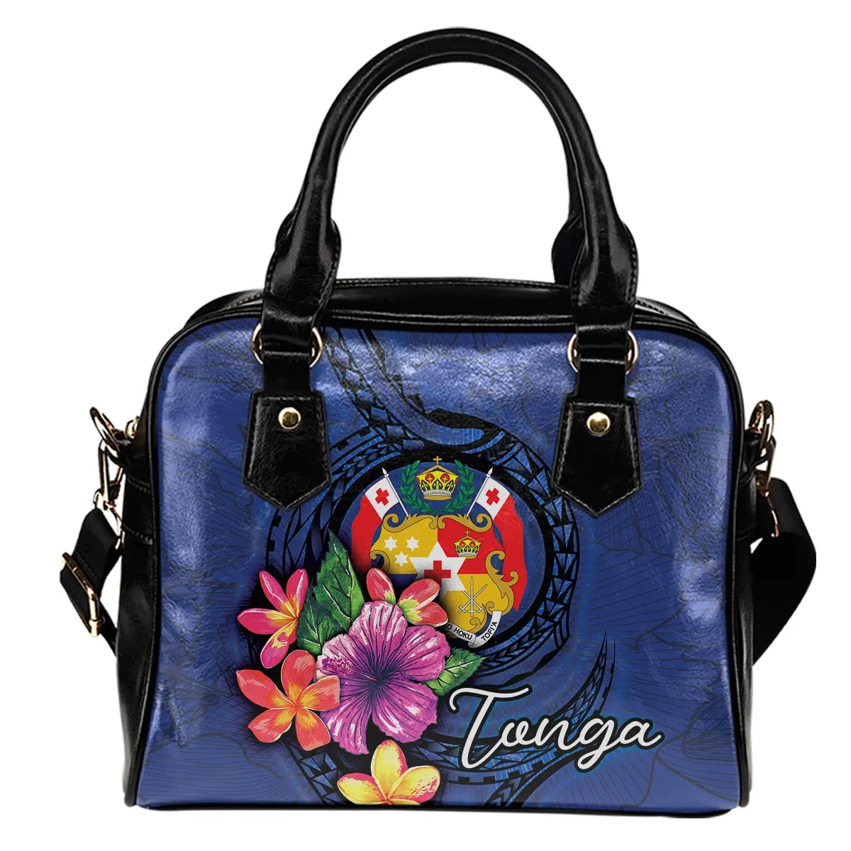 Tonga Polynesian Shoulder Handbag - Floral With Seal Blue
