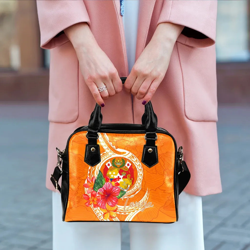Tonga Polynesian Shoulder Handbag - Orange Floral With Seal
