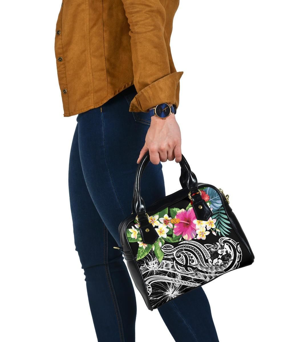 Tonga Polynesian Shoulder Handbag - Summer Plumeria (Black)