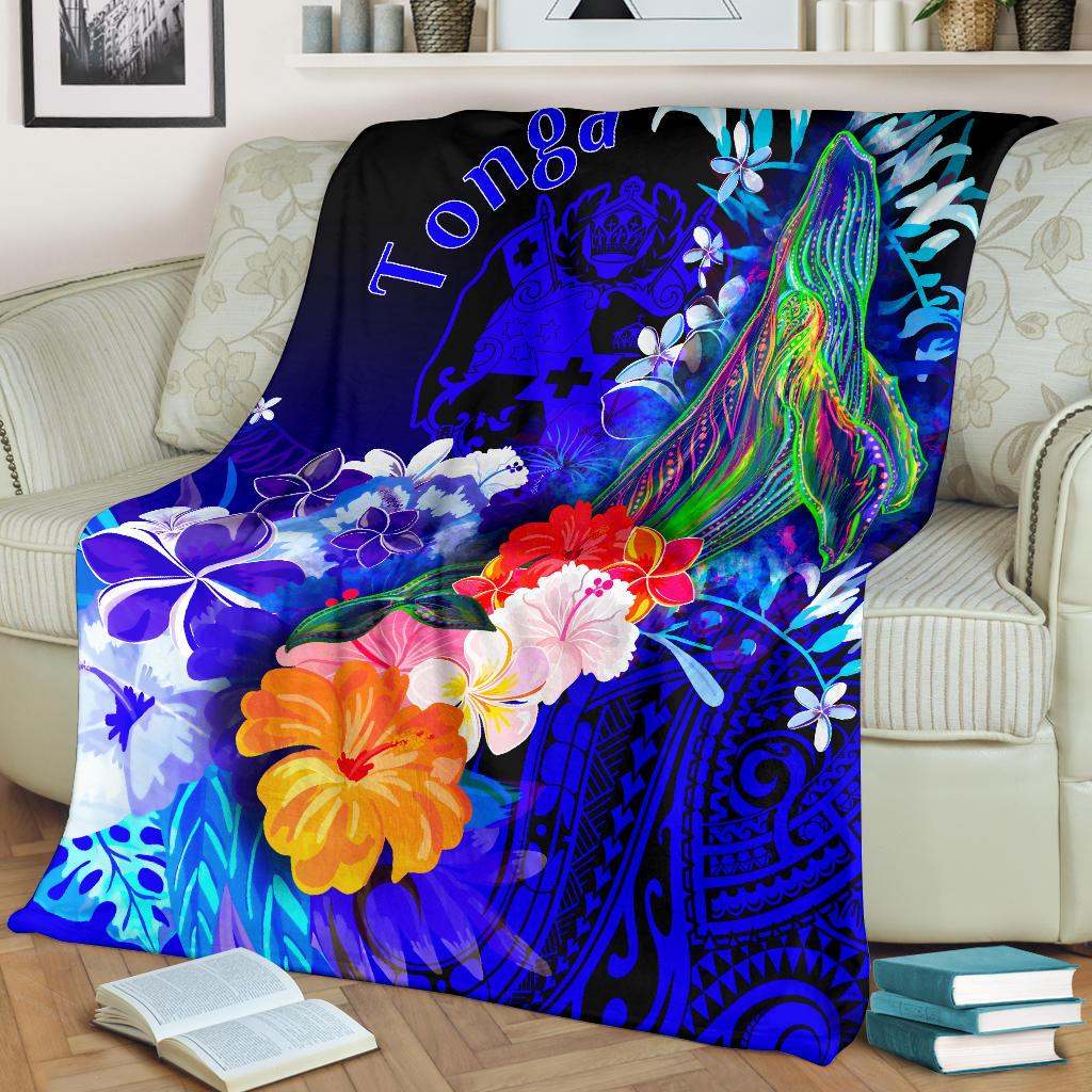 Tonga Premium Blanket - Humpback Whale with Tropical Flowers (Blue)