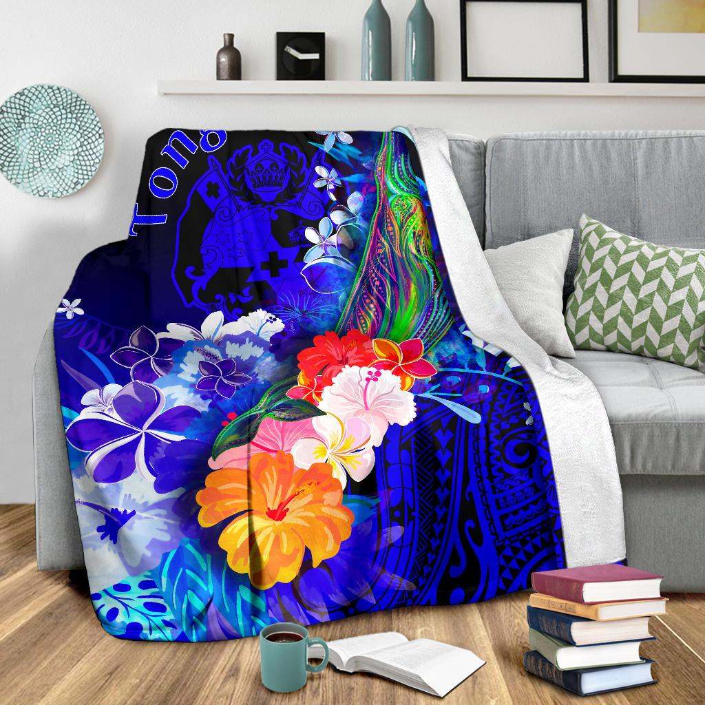 Tonga Premium Blanket - Humpback Whale with Tropical Flowers (Blue)